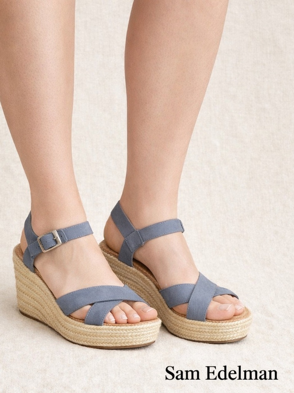 Sam Edelman Blue Wedge Espadrilles Crisscross Ankle Strap 5.5